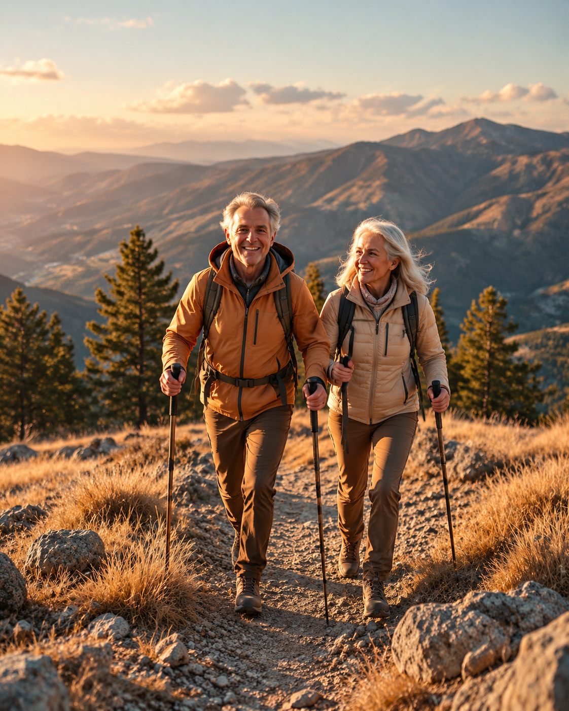Strong, vibrant man and woman in their early 60s hiking briskly up a mountain ridge with trekking poles