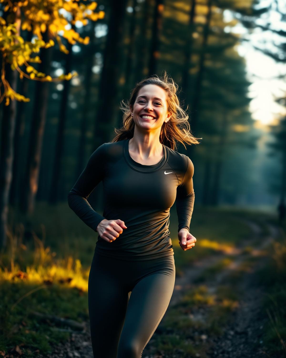 Athletic woman in her early 30s running on a forest trail at sunrise