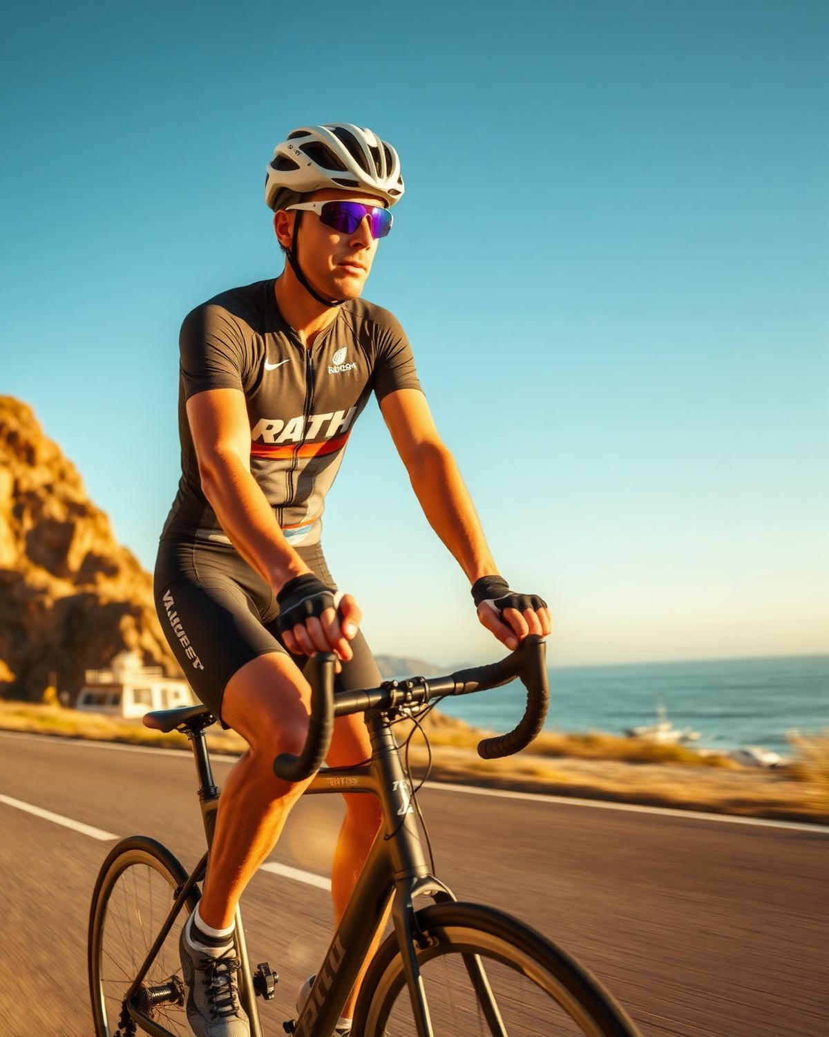 Lean athletic man in his mid 40s cycling on an open coastal road at golden hour