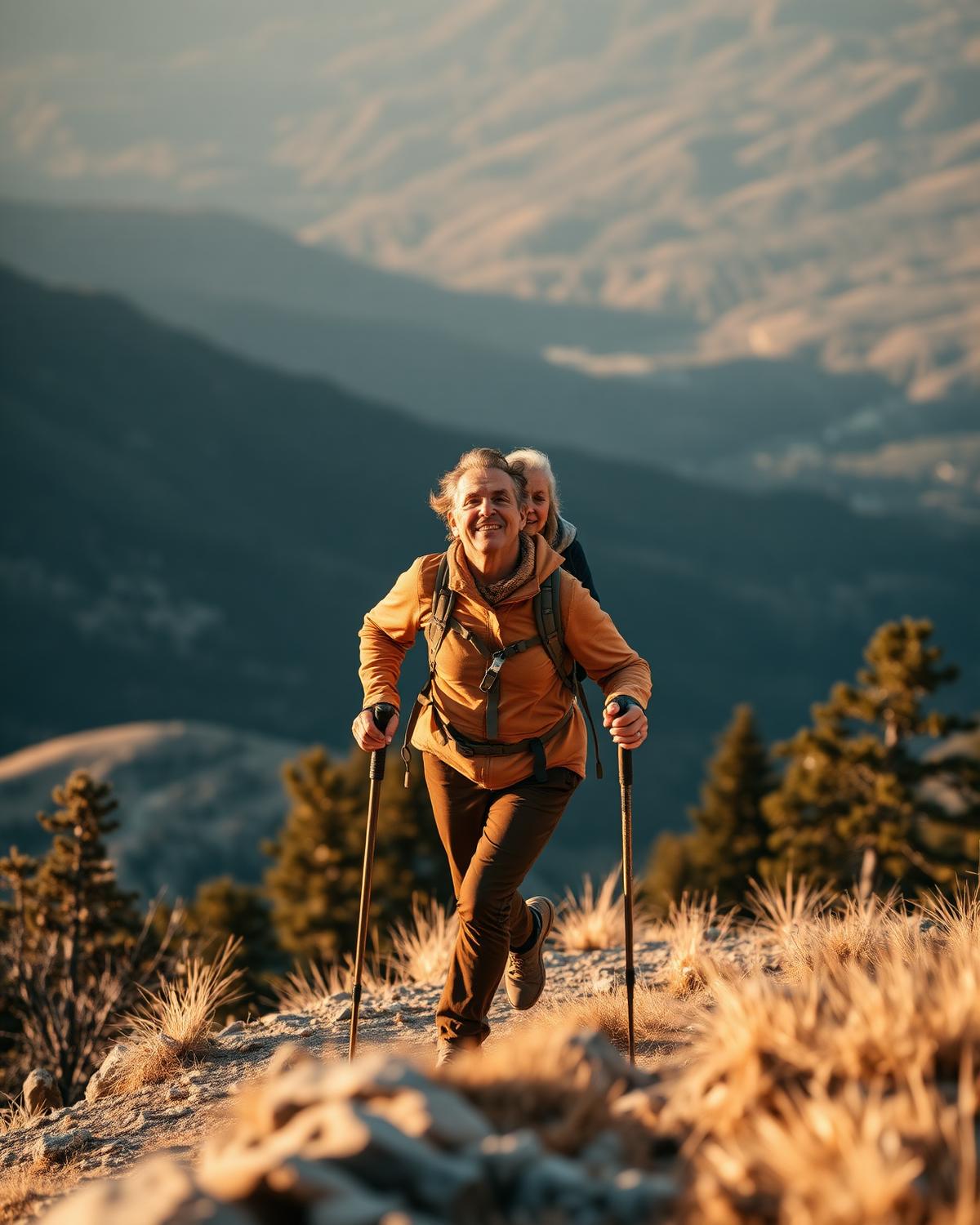Strong, vibrant man and woman in their early 60s hiking briskly up a mountain ridge with trekking poles