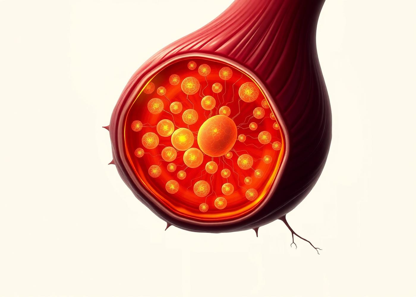 Illustration of muscle cell interior packed with glowing mitochondria producing ATP energy